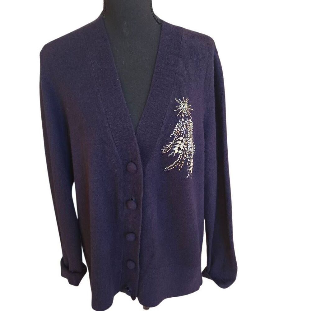 Talbots Womens Navy Blue Crystal Star V Neck Button Front Cardigan Sweater Large